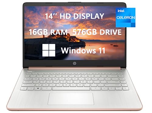 2023 Newest HP Laptops for College Student & Business, 14'' HD Computer, Intel Celeron N4120(4-core), up to 2.60 GHz, 16GB RAM, 576GB(64GB SSD+512GB Card), HDMI, Rose Gold, Windows 11, ROKC HDMI Cable