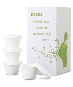 ktob 100% compostable 100 sets 2 oz. sugarcane containers with lids,condiment jello shot cups,eco friendly dipping sauce and salad dressing container,disposable mini plastic portion souffle cups