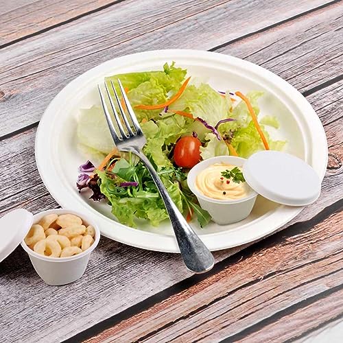 KTOB 100% Compostable 100 Sets 2 oz. Sugarcane Containers with Lids,Condiment Jello Shot Cups,Eco Friendly Dipping Sauce and Salad Dressing Container,Disposable Mini Plastic Portion Souffle Cups