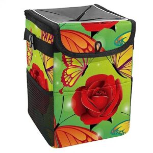rodailycay auto trash container for car back seat leak proof, car trash bag bin hanging, cute car garbage bin, litter storage can red rosy flower flying blutterflies kissing