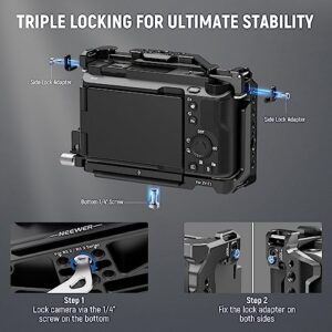 NEEWER ZV-E1 Camera Cage with HDMI Cable Clamp, NATO Rail 3/8" ARRI Locating Holes 1/4" Threads, Arca Type Base, Metal Video Rig Compatible with Sony ZV-E1 Compatible with DJI RS RSC, Black, CA025