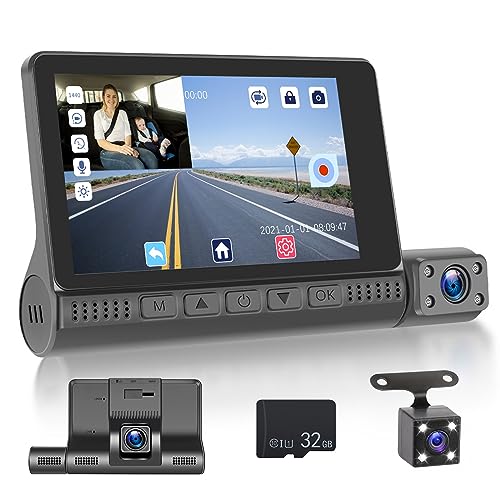 Hikity Car Dash Cam Front and Inside Camera - Loop Recording with 32G SD Card, 4 Inch IPS Screen, G-Sensor, Night Vision, Parking Monitor, Rear View Camera