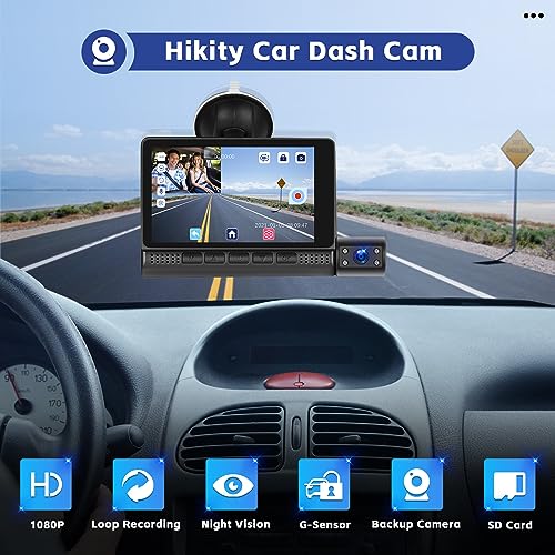 Hikity Car Dash Cam Front and Inside Camera - Loop Recording with 32G SD Card, 4 Inch IPS Screen, G-Sensor, Night Vision, Parking Monitor, Rear View Camera