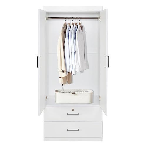 FurnitureR 2 Door Wardrobe, Wooden Armoire with Drawers and Hanging Rod for Bedroom 68.2-Inch Wardrobe Storage Cabinet, White