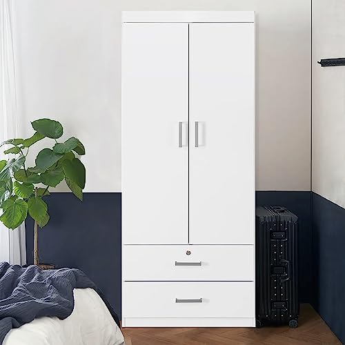 FurnitureR 2 Door Wardrobe, Wooden Armoire with Drawers and Hanging Rod for Bedroom 68.2-Inch Wardrobe Storage Cabinet, White