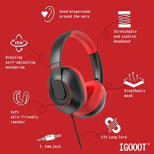 igooot Kids Headphones Wired,with case Most Comfortable Over Ear Children Headphones,Adjustable,Volume Limiter 85/94dB,for School/Plane/Switch/Amazon-fire-Tablet/ipad,3.5mm Jack,Black&Red.