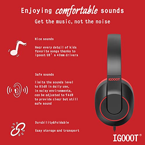 igooot Kids Headphones Wired,with case Most Comfortable Over Ear Children Headphones,Adjustable,Volume Limiter 85/94dB,for School/Plane/Switch/Amazon-fire-Tablet/ipad,3.5mm Jack,Black&Red.