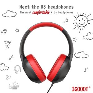 igooot Kids Headphones Wired,with case Most Comfortable Over Ear Children Headphones,Adjustable,Volume Limiter 85/94dB,for School/Plane/Switch/Amazon-fire-Tablet/ipad,3.5mm Jack,Black&Red.