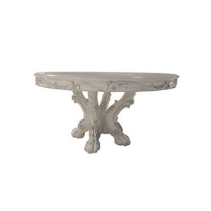 benjara aurora 60 inch round dining table, scrolled wood pedestal base, bone white