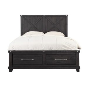 benjara liu california king storage bed, crossed panel, dark gray wood, 2 drawers