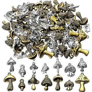 huquary 140 pcs mushrooms charms bulk alloy mushroom charms pendants antique style plant charms small cute jewelry findings for diy necklace earrings bracelet making craft supplies (bronze, silver)