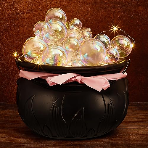 Liliful Light up Bubble Cauldron DIY Set, 9.8" Black Plastic Witches Cauldron with Handle 44 Pcs Clear Plastic Balls and Warm White String Light Halloween Cauldron Candy Bowl for Halloween Decorations