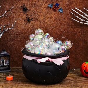 Liliful Light up Bubble Cauldron DIY Set, 9.8" Black Plastic Witches Cauldron with Handle 44 Pcs Clear Plastic Balls and Warm White String Light Halloween Cauldron Candy Bowl for Halloween Decorations