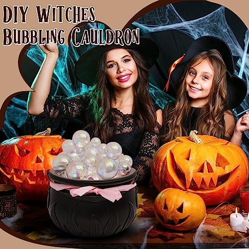 Liliful Light up Bubble Cauldron DIY Set, 9.8" Black Plastic Witches Cauldron with Handle 44 Pcs Clear Plastic Balls and Warm White String Light Halloween Cauldron Candy Bowl for Halloween Decorations