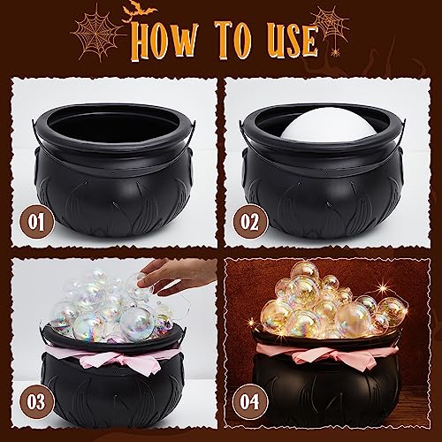 Liliful Light up Bubble Cauldron DIY Set, 9.8" Black Plastic Witches Cauldron with Handle 44 Pcs Clear Plastic Balls and Warm White String Light Halloween Cauldron Candy Bowl for Halloween Decorations