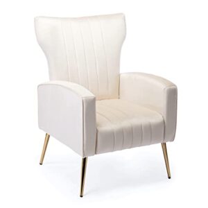 KCC Velvet Accent Living Room Chairs Set of 2, Mid Century Armchair with High Back for Bedroom, Upholstered Single Sofa with Golden Metal Legs,Cream