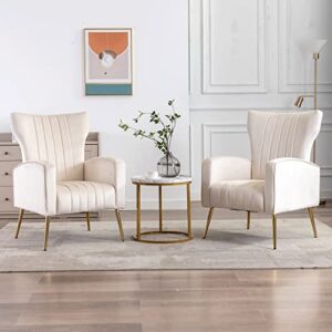 kcc velvet accent living room chairs set of 2, mid century armchair with high back for bedroom, upholstered single sofa with golden metal legs,cream
