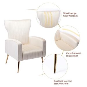 KCC Velvet Accent Living Room Chairs Set of 2, Mid Century Armchair with High Back for Bedroom, Upholstered Single Sofa with Golden Metal Legs,Cream