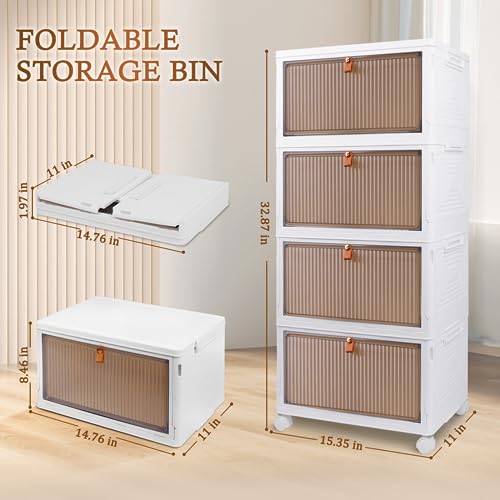 4 Tier Plastic Storage Bins 23QT, Stackable Storage Containers with Wheels and Lids, Folding Storage Boxes,Closet Organizers and Storage,Collapsible Organization and Storage for Bedroom,Kitchen,Dorm