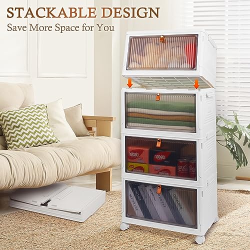 4 Tier Plastic Storage Bins 23QT, Stackable Storage Containers with Wheels and Lids, Folding Storage Boxes,Closet Organizers and Storage,Collapsible Organization and Storage for Bedroom,Kitchen,Dorm