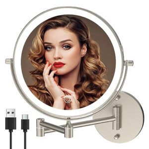 miroamz rechargeable wall mounted lighted makeup vanity mirror 8 inch double sided 1x 10x magnifying bathroom mirror, 3 color lighting, touch screen dimming, 360 rotation shaving mirror brushed nickel