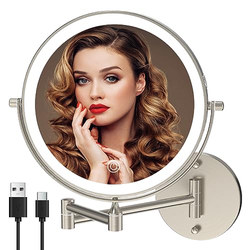 MIROAMZ Rechargeable Wall Mounted Lighted Makeup Vanity Mirror 8 Inch Double Sided 1X 10X Magnifying Bathroom Mirror, 3 Color Lighting, Touch Screen Dimming, 360 Rotation Shaving Mirror Brushed Nickel