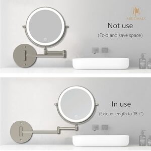 MIROAMZ Rechargeable Wall Mounted Lighted Makeup Vanity Mirror 8 Inch Double Sided 1X 10X Magnifying Bathroom Mirror, 3 Color Lighting, Touch Screen Dimming, 360 Rotation Shaving Mirror Brushed Nickel