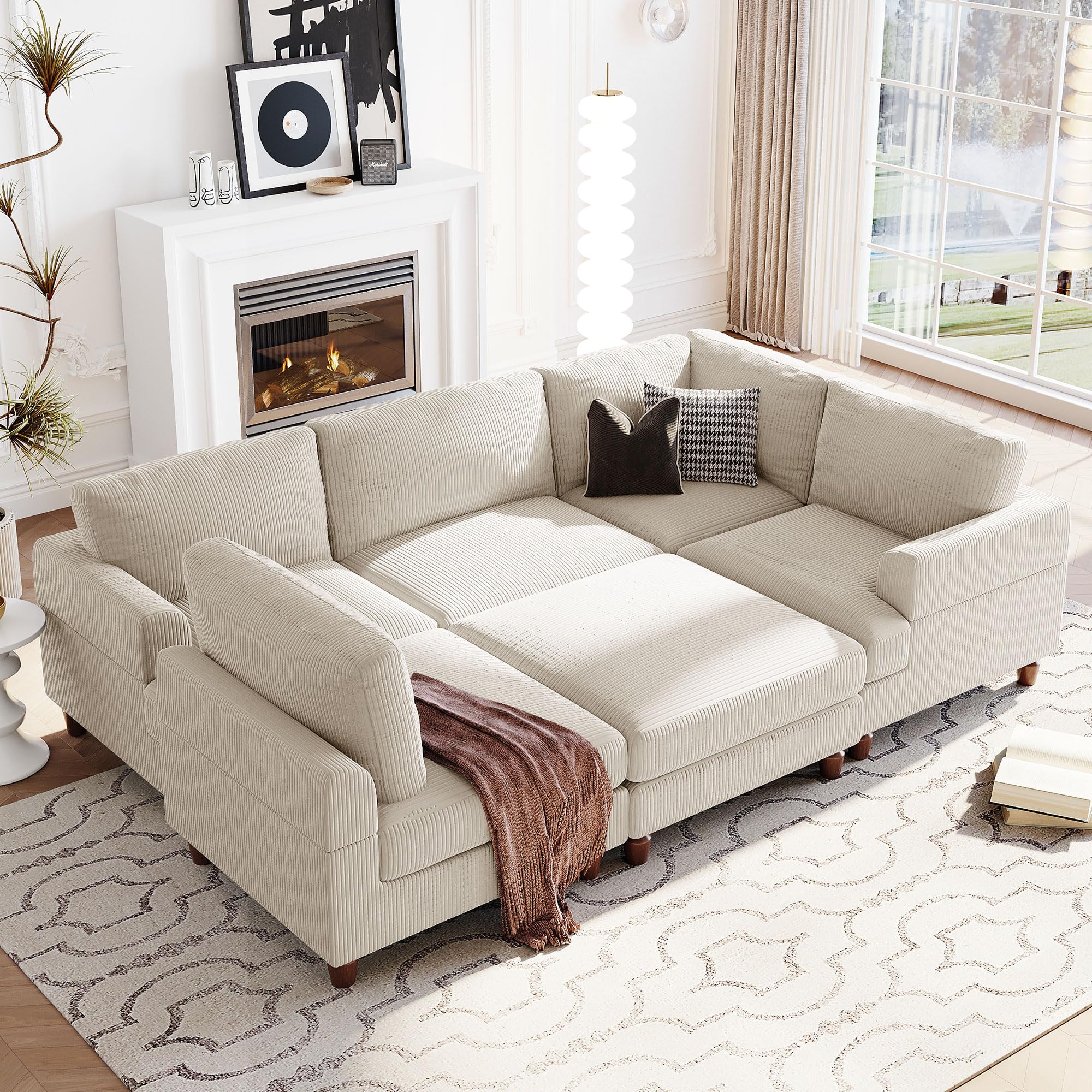 Eafurn L Shaped Modular Sectional Reversible Chaise and Ottoman, Corduroy Symmetrical Corner, Oversized Convertible Sleeper Sofa & Couch Bed for Living Room, Beige 6 Seater