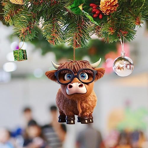 Cartoon Cow Decorative Hanging Ornament for Cars Backpacks Cute Acrylic Highland Cow Pendants Christmas Tree Decorations (Non-3D 10pcs cows, 8.5cm/3.35inch)