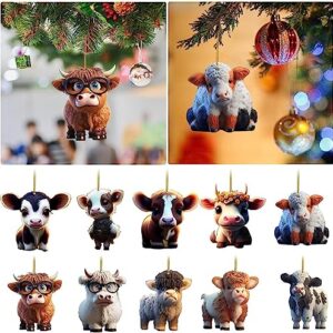 Cartoon Cow Decorative Hanging Ornament for Cars Backpacks Cute Acrylic Highland Cow Pendants Christmas Tree Decorations (Non-3D 10pcs cows, 8.5cm/3.35inch)