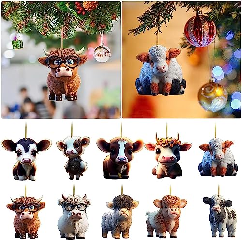 Cartoon Cow Decorative Hanging Ornament for Cars Backpacks Cute Acrylic Highland Cow Pendants Christmas Tree Decorations (Non-3D 10pcs cows, 8.5cm/3.35inch)