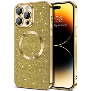 hython for iphone 14 pro case glitter, clear magnetic phone cases with camera lens protector [compatible with magsafe] bling sparkle plating soft tpu shockproof protective cover women girls, gold