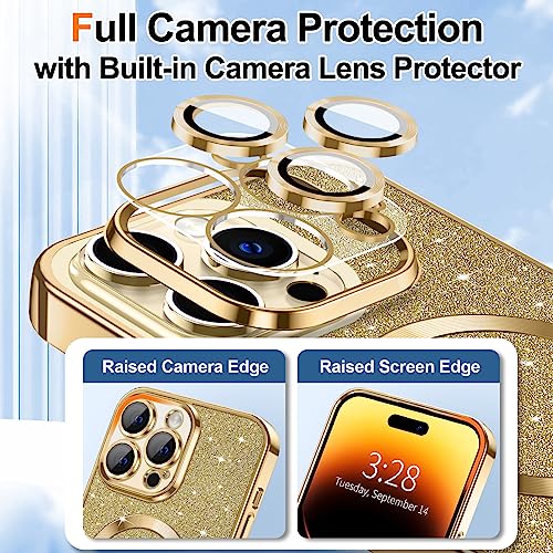 Hython for iPhone 14 Pro Case Glitter, Clear Magnetic Phone Cases with Camera Lens Protector [Compatible with MagSafe] Bling Sparkle Plating Soft TPU Shockproof Protective Cover Women Girls, Gold