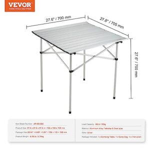 VEVOR Folding Camping Table, Outdoor Portable Lightweight Aluminum Ultra Compact Snap-Together Design with Carry Bag, for Cooking, Beach, Picnic, Travel, Grilling, 28'' x 28'', Silver