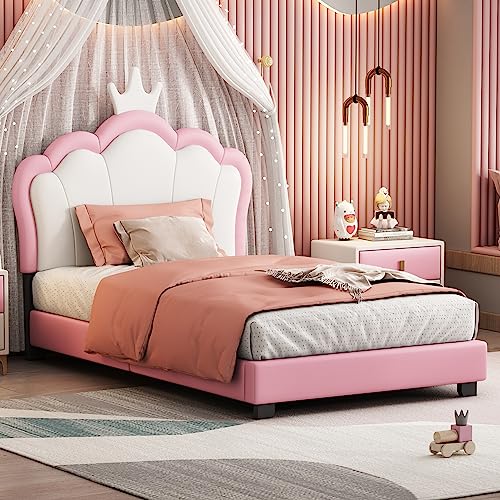 QVUUOU Pink Cute Upholstered Platform Bed Fun Bed Cartoon Elements Princess Bed with Crown Shaped Headboard, Wooden Twin Size Bed Frame Cute Bed Upholstered Bed for Kids Bedroom Furniture