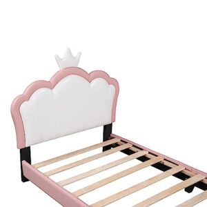 QVUUOU Pink Cute Upholstered Platform Bed Fun Bed Cartoon Elements Princess Bed with Crown Shaped Headboard, Wooden Twin Size Bed Frame Cute Bed Upholstered Bed for Kids Bedroom Furniture