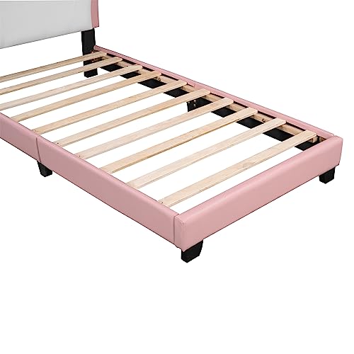 QVUUOU Pink Cute Upholstered Platform Bed Fun Bed Cartoon Elements Princess Bed with Crown Shaped Headboard, Wooden Twin Size Bed Frame Cute Bed Upholstered Bed for Kids Bedroom Furniture