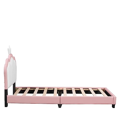 QVUUOU Pink Cute Upholstered Platform Bed Fun Bed Cartoon Elements Princess Bed with Crown Shaped Headboard, Wooden Twin Size Bed Frame Cute Bed Upholstered Bed for Kids Bedroom Furniture