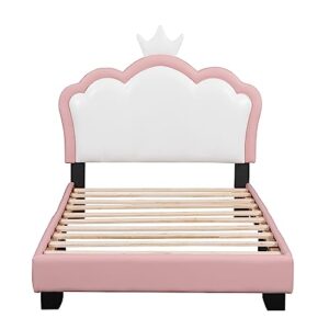 QVUUOU Pink Cute Upholstered Platform Bed Fun Bed Cartoon Elements Princess Bed with Crown Shaped Headboard, Wooden Twin Size Bed Frame Cute Bed Upholstered Bed for Kids Bedroom Furniture