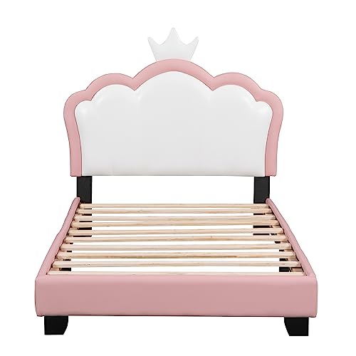 QVUUOU Pink Cute Upholstered Platform Bed Fun Bed Cartoon Elements Princess Bed with Crown Shaped Headboard, Wooden Twin Size Bed Frame Cute Bed Upholstered Bed for Kids Bedroom Furniture