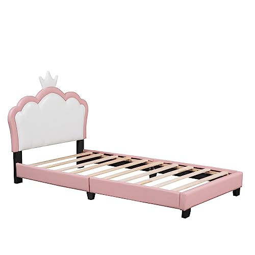 QVUUOU Pink Cute Upholstered Platform Bed Fun Bed Cartoon Elements Princess Bed with Crown Shaped Headboard, Wooden Twin Size Bed Frame Cute Bed Upholstered Bed for Kids Bedroom Furniture