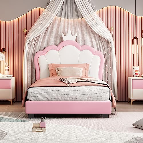 QVUUOU Pink Cute Upholstered Platform Bed Fun Bed Cartoon Elements Princess Bed with Crown Shaped Headboard, Wooden Twin Size Bed Frame Cute Bed Upholstered Bed for Kids Bedroom Furniture