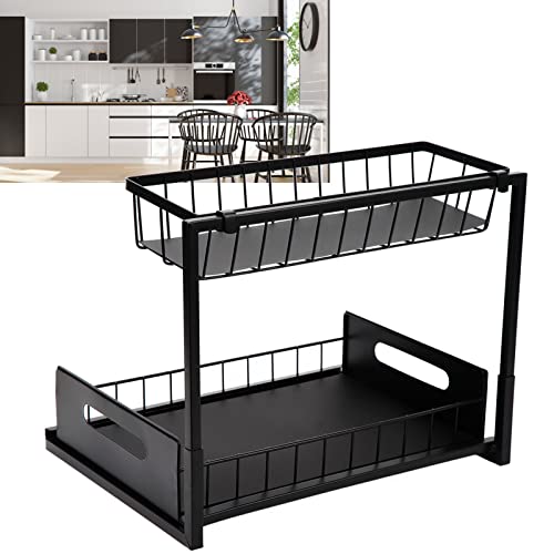 Syrisora Storage Rack L Shape Under Sink Organizers 2 Tier Load Capacity 50lbs Multi Use Slide Out Cabinet Organizer for Kitchen Bathroom Black