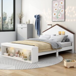 fiqhome full size house platform bed,wooden kids full platform bed frame with led lights and storage, cute single full led bed for girls boys,no box spring needed,white
