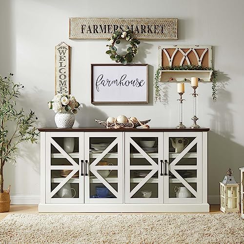SinCiDo Farmhouse Buffet Cabinet with Storage, 70" Wood Sideboard Storage Cabinet w/4 Glass Barn Doors & Adjustable Shelf, Bar Cabinet for Kitchen, Dining Room, Hallway, White