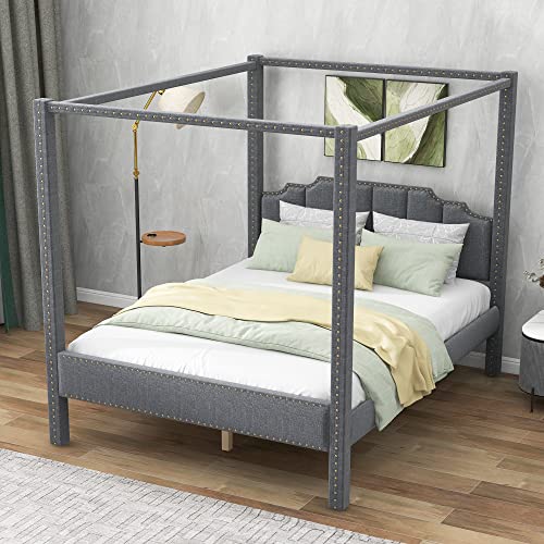 Verfur Queen Size Upholstery Canopy Bed Frame, Four-Poster Canopied Platform Bed Frame with Headboard, Sturdy Wood Slatted Structure, No Box Spring Needed, Easy Assembly