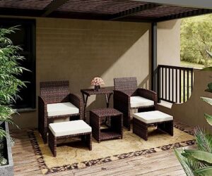 esmlada 6 piece patio furniture conversation set with ottoman, outdoor brown wicker chair and table set with beige cushion, balcony furniture for apartments. (brown)