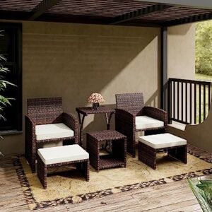 Esmlada 6 Piece Patio Furniture Conversation Set with Ottoman, Outdoor Brown Wicker Chair and Table Set with Beige Cushion, Balcony Furniture for Apartments. (Brown)