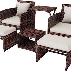 Esmlada 6 Piece Patio Furniture Conversation Set with Ottoman, Outdoor Brown Wicker Chair and Table Set with Beige Cushion, Balcony Furniture for Apartments. (Brown)