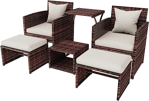 Esmlada 6 Piece Patio Furniture Conversation Set with Ottoman, Outdoor Brown Wicker Chair and Table Set with Beige Cushion, Balcony Furniture for Apartments. (Brown)